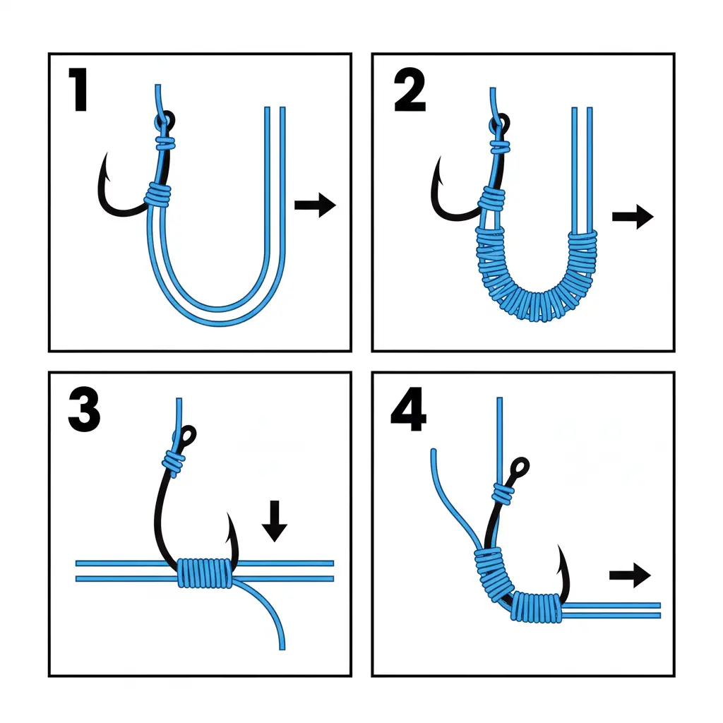 Schéma du nœud Grinner (Uni) en 4 étapes : boucle parallèle, spires à l'intérieur de la boucle, coulissement et serrage final sur l'œillet