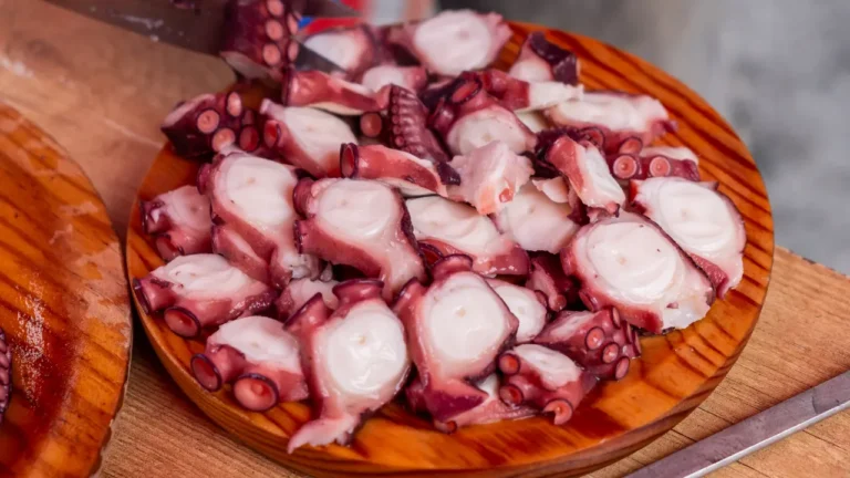 Rondelles de poulpe cuit découpées aux ciseaux sur une assiette en bois traditionnelle, chair blanche et peau violacée, façon pulpo a la gallega