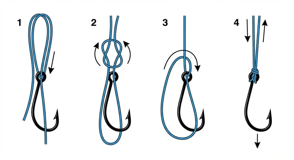 Schéma du nœud Palomar en 4 étapes : boucle doublée dans l'œillet, nœud simple, passage de l'hameçon dans la boucle, serrage final