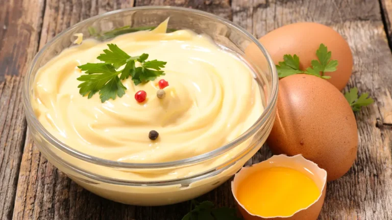Bol de mayonnaise maison onctueuse avec œufs frais et persil, préparation facile et recette rapide réussie.